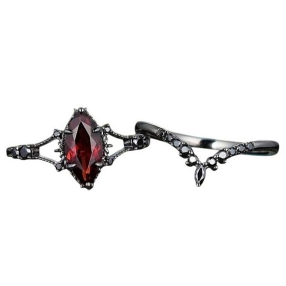 2 piece Marquise Cut Ruby and Moissanite Engagement Wedding Ring Set in Rhodium - Picture 4 of 5